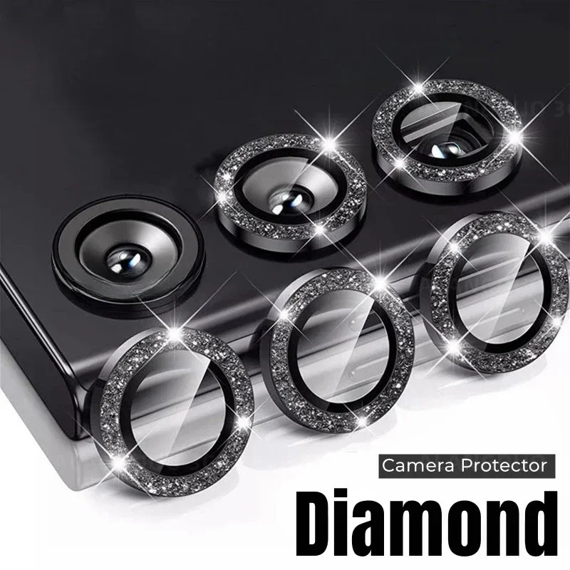 Tempered Glass Screen 9H - Shiny Diamond Metal Ring Camera Lens